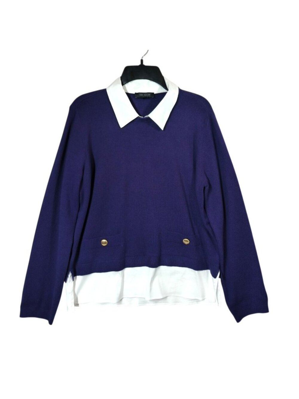 Ann Taylor Medium Purple Layered Sweater Blouse White Collar Shirt Hem Gold